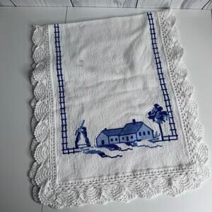 Vintage Embroidered Table Runner Dresser Scarf Blue Farmhouse Country Cottage